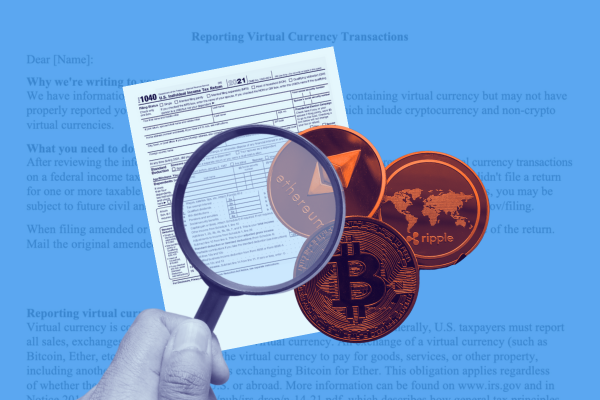 IRS Letter 6174 with magnifying glass and cryptocurrency coins representing IRS scrutiny of crypto transactions