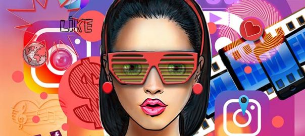 Illustration of a social media influencer, a young woman wearing fashionable glasses. A collage of social media logos and icons is arrayed behind her.