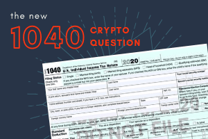 Image of IRS Form 1040 and text that reads "The new 1040 crypto question."