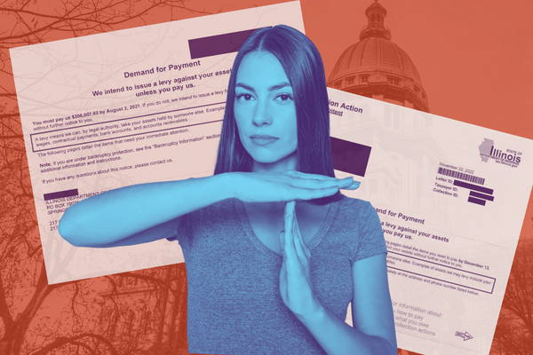 Image shows a young woman with straight, dark hair and a serious expression making the "time out" symbol with her hands. Behind her are collection notices from the Illinois Department of Revenue. The background shows an image of the Illinois Capitol Building.