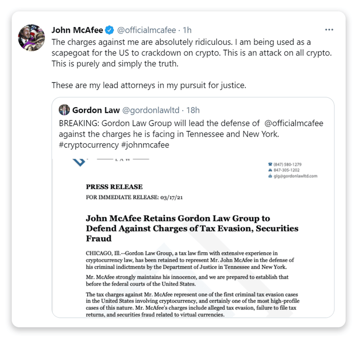 Tweet from John McAfee Announcing Gordon Law Group as His Lead Defense Counsel
