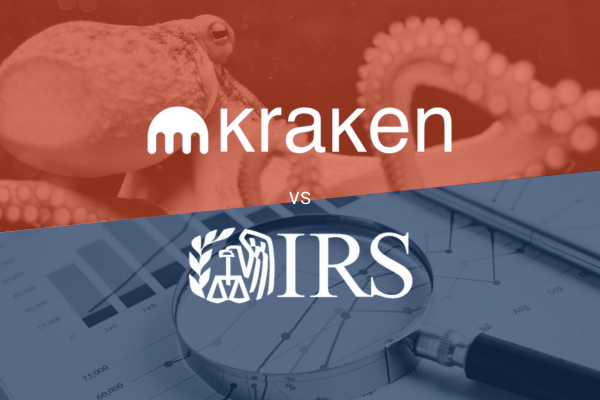 Stylized image representing the legal battle between Kraken Exchange and the IRS. The top half of the image shows an octopus with an orange-toned overlay. The bottom half of the image shows a magnifying glass over financial documents with a dark blue overlay. On top of the image, large text reads "Kraken vs IRS."