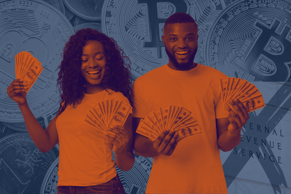 Stylized image in orange and blue tones. In the foreground, a man and woman hold handfuls of cash while smiling and dancing. The background shows a pile of Bitcoin tokens.