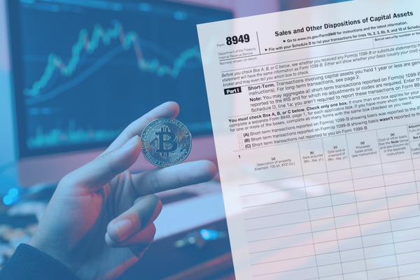 Image of a hand holding a physical Bitcoin. A computer in the background shows cryptocurrency price history on a chart. Overlaid on this image is a stylized version of IRS Form 8949.