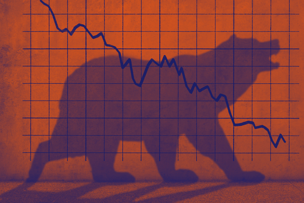 Image depicting a simple declining price chart. The shadow of a bear looms over the chart, representing a bear market. A red tone over the image conveys a sense of alarm.