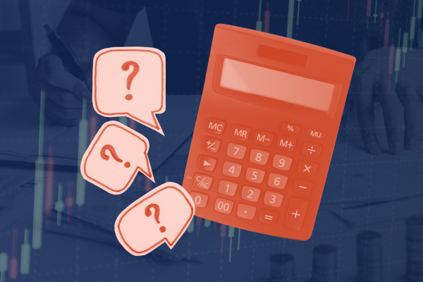 Stylized image featuring a calculator and multiple question marks in the foreground. The background shows a chart depicting cryptocurrency market prices.