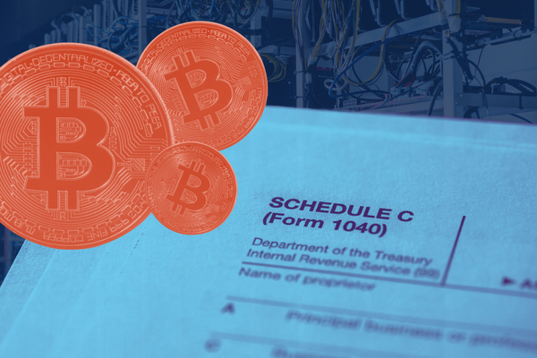 Stylized image representing cryptocurrency mining tax. The foreground shows the tax form Schedule C with a bright blue overlay and multiple Bitcoins with an orange overlay. The background shows a close up photo of cryptocurrency mining equipment.