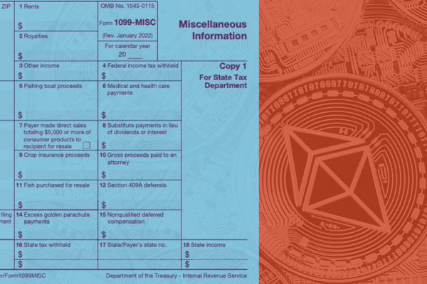 Stylized image representing crypto staking taxes. On the left is IRS Form 1099-MISC with a bright blue overlay. On the right is a photo of a physical Ethereum coin with an orange overlay.