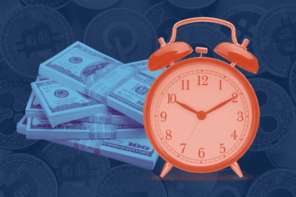 Stylized image shows a background of various cryptocurrency tokens. The foreground shows stacks of $100 bills with a bright blue overlay and a large, vintage alarm clock with an orange overlay.