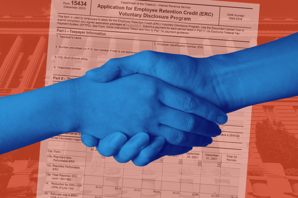 Stylized image representing the Employee Retention Credit (ERC) Voluntary Disclosure Program. The background shows an IRS building and the Voluntary Disclosure form, Form 15434, with an orange overlay. The foreground shows a close up of a handshake with a blue overlay, representing a deal between taxpayers and the IRS.