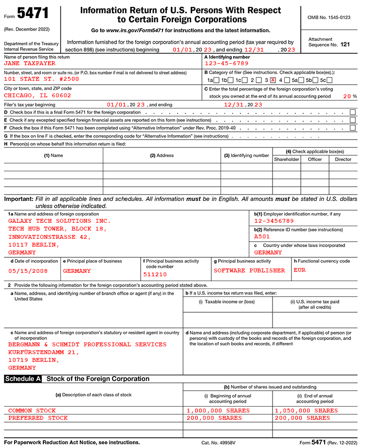 Example of a completed IRS Form 5471, Information Return of U.S. Persons with Respect to Certain Foreign Corporations.