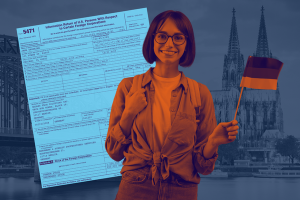 Stylized image depicting a young woman with short, dark hair and glasses. She's smiling and holding a small German flag. Behind her is IRS Form 5471.