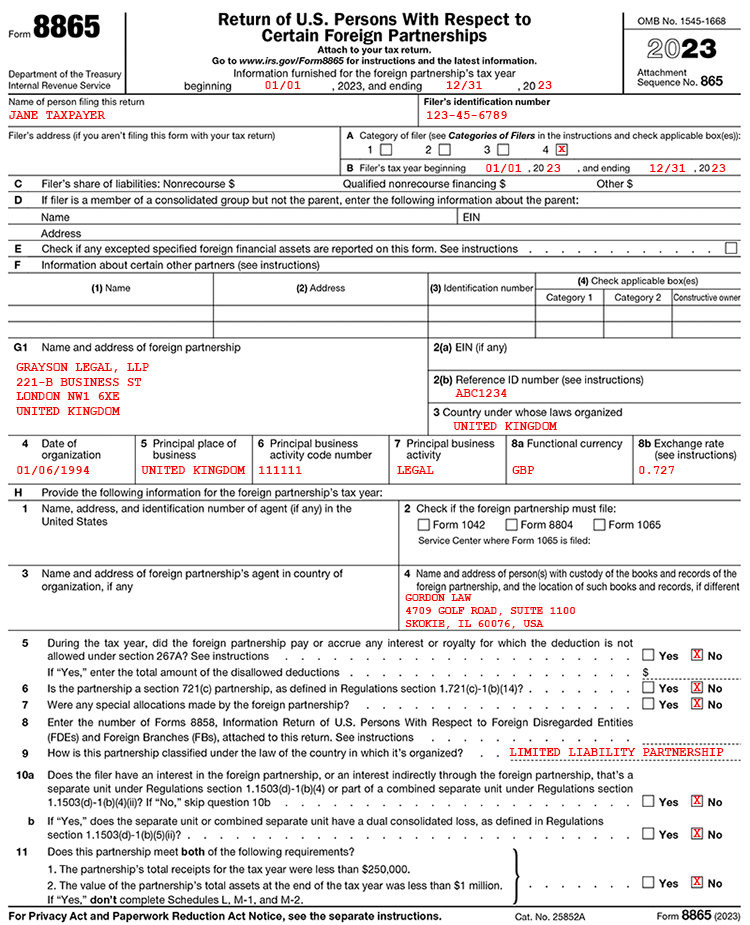 Example of a completed IRS Form 8865
