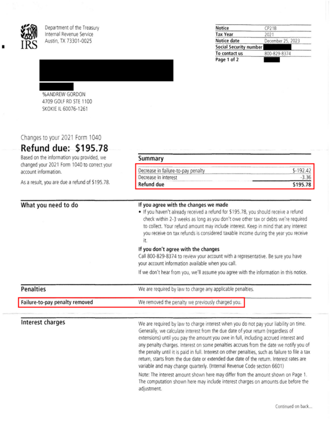 Example of IRS Notice CP21B showing a refund due of $195.78. The letter shows that a failure-to-pay penalty for tax year 2021 was removed. Taxpayers who are eligible for automatic penalty relief may receive a similar IRS letter.