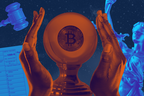 Stylized image representing predictions for cryptocurrency. The background shows a variety of overlapping images, including the scales of justice, a gavel, and IRS Form 1099-K. The foreground depicts a woman's hands hovering around a crystal ball. The center of the crystal ball shows a single Bitcoin.
