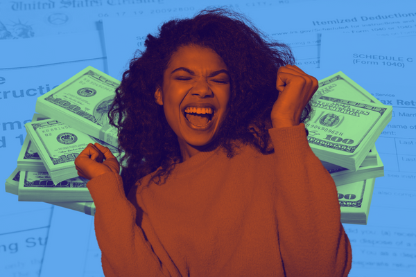 Stylized image representing IRS penalty relief. The background shows various tax forms. The foreground shows a young woman with curly hair cheering in excitement, with stacks of money behind her.