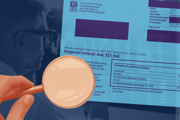 Stylized image representing a crypto tax audit. The background shows a middle-aged white man viewing his trading charts on a computer. The foreground shows an example of IRS Notice CP2000 and a hand holding a magnifying glass.