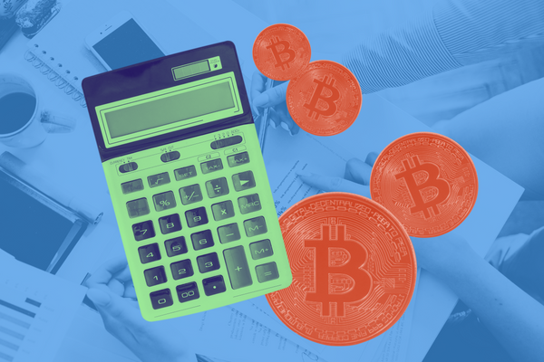 Stylized image representing cryptocurrency accounting. The image shows a calculator next to several Bitcoins.