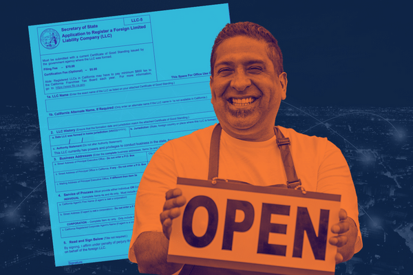 Stylized image of a Hispanic man in his 40s holding an "Open" sign. He's wearing a white t-shirt, an apron, and a big smile. Behind him is an LLC registration form.