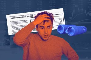 Young man running his hand through his hair in worry. Behind him is an IRS Notice CP2000 stating that he owes more than $50,000. The collage-style image also shows a pair of binoculars examining the man up close.