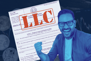 Image of a happy man in his late 30s with glasses and a short, dark beard. He's wearing a big smile and pumping his fist. Behind him is an LLC certificate of registration with a large "LLC" stamp on top of it. The background shows various cryptocurrencies next to a trading price chart.