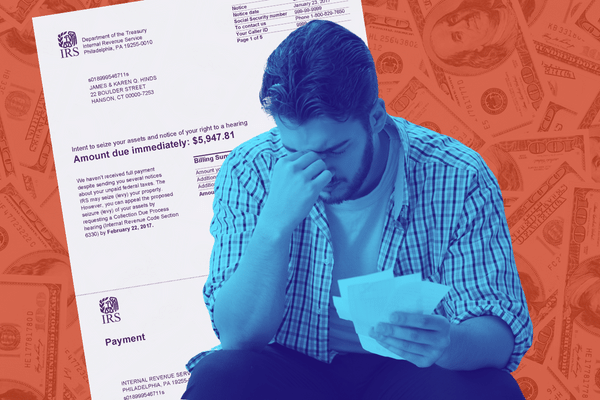 Image representing IRS wage garnishment. The image shows a man in his 30s with short, dark hair holding his pay stubs in one hand and rubbing the bridge of his nose in a gesture of despair. Behind him is IRS Notice CP90, Final Notice of Intent to Levy, which is the final notice sent before wage garnishment begins.