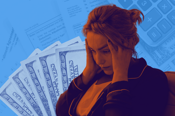 Collage-style image showing a cutout of a young white woman with both hands on the side of her head in a gesture of distress. There's a dark orange overlay on her image. Behind her is a group of fanned-out $100 bills in black and white. The background of the image shows multiple tax forms.