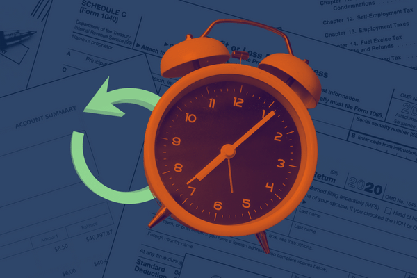Image shows personal tax forms in the background with a dark blue overlay. In the foreground is an old-fashioned alarm clock with a bright orange overlay, and a bright green, circular arrow indicating repetition.