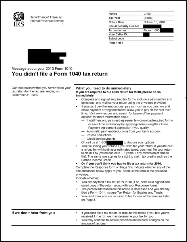 Example of IRS Notice CP59 for unfiled tax returns. The top of the notice says: "You didn't file a Form 1040 tax return." The notice states the tax year(s) in question. One subsection of the notice reads: "What you need to do immediately," followed by detailed instructions. The next section reads: "If we don't hear from you" and warns of potential consequences.