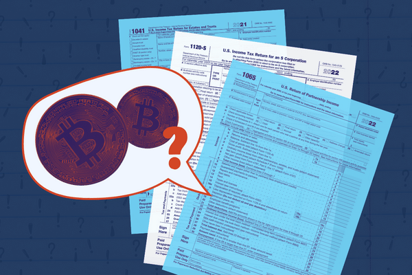 Stylized image depicts multiple business tax return forms (including Form 1041, Form 1120-S, and Form 1065) splayed out. On top of these forms is a large speech bubble with 2 Bitcoins and an orange question mark inside.
