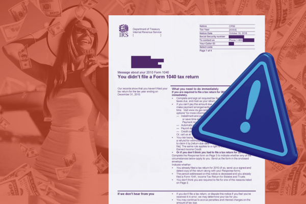Stylized image depicting a young, wealthy woman wearing a wide smile and carrying shopping bags in a tropical destination. On top of this background is an IRS CP59 notice for untiled tax returns. A large warning symbol is overlaid on top of the notice near the center of the image.