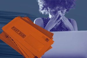 Stressed young woman dealing with back taxes sitting with her head in her hands. In the foreground is a stack of bills with a large "PAST DUE" stamp.