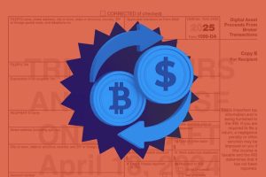 Graphic showing a conversion of Bitcoin to USD with Form 1099-DA in the background.