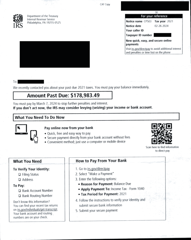 Real example of an IRS Notice CP503. The letter contains large, boxed text that says, "Amount past due: $178,983.49." Below are sections titled "What you need to do now," "What you need," and "How to pay from your bank."