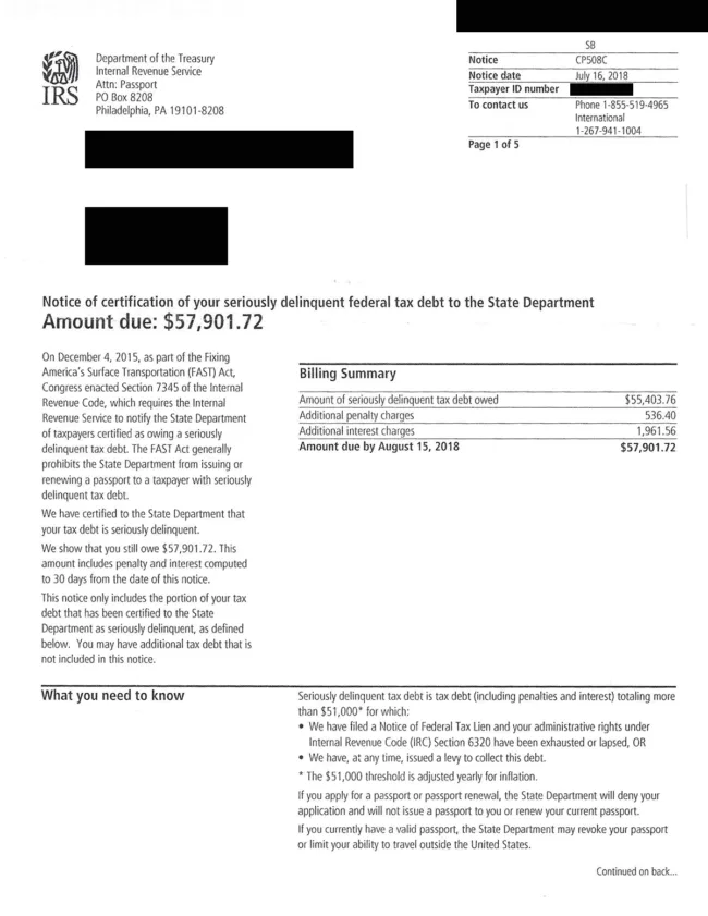 Real-life example of IRS Notice CP508C for "seriously delinquent" tax debt. Large text reads, "Amount due: $57,901.72." It shows a breakdown of the amount of tax, penalties, and interest owed. At the bottom of page 1 is a section titled "What you need to know."