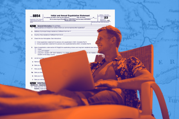 Young man lounging on a beach chair and working on a laptop. Behind him is an image of IRS Form 8854, "Initial and Annual Statement of Expatriation."