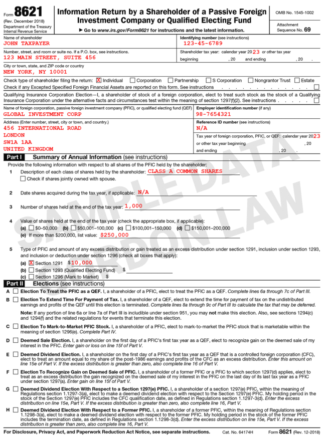 Page 1 of IRS Form 8261, “Information Return by a Shareholder of a Passive Foreign Investment Company (PFIC) or Qualified Electing Fund (QEF),” completed with sample data. The first section contains details about the taxpayer and the PFIC. Part I, 'Summary of Annual Information,' contains details about the shares held, including the amount, type, and USD value. Part II contains a list of optional elections.