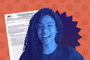 Young woman with curly hair and glasses caught looking toward the camera with a wide, natural smile. Behind her is IRS Form 8833, “Treaty-Based Return Position Disclosure Under Section 6114 or 7701(b).” The background shows a pattern of US Dollar signs, indicating tax savings.