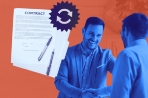 Image of two businessmen shaking hands, a business contract, and a circular arrow depicting renewal or updates.