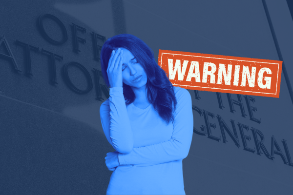 Woman looking stressed with warning sign representing attorney general letter and legal notice