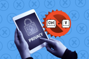 Graphic showing a website privacy policy and 'Ctrl + V' keys with a 'no' symbol.