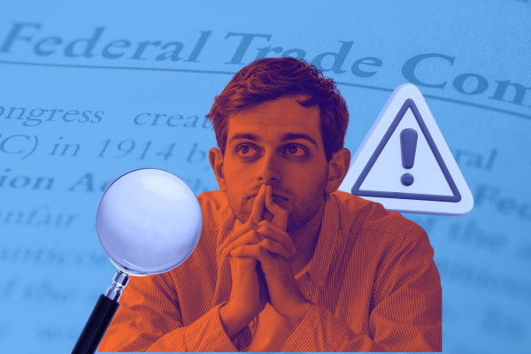 Man looking concerned with warning symbol representing FTC CID letter and government investigation