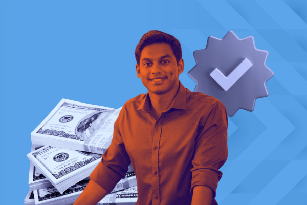 Man smiling with money and checkmark symbol, representing financial success and tax compliance