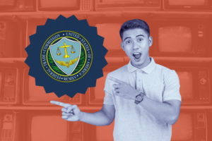 Image of a YouTuber pointing excitedly to the FTC (Federal Trade Commission) logo.