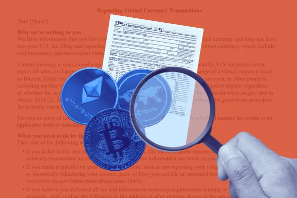 IRS notice with magnifying glass and cryptocurrency icons representing crypto tax reporting and IRS review